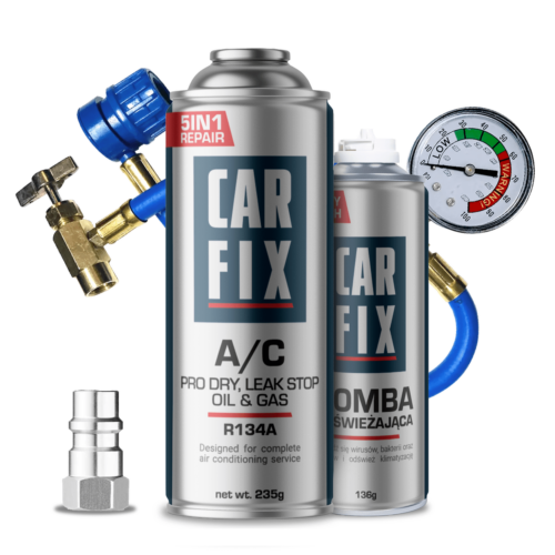 CarFix 5w1 Gaz Do Nabijania Klimatyzacji R134a + Przewód + Bomba Odświeżająca + Adapter R12