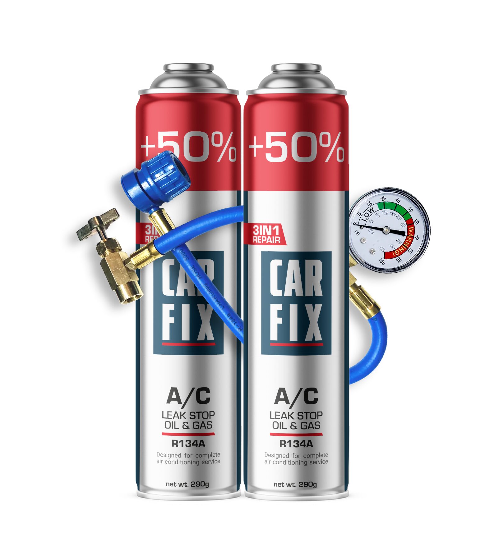 2X50plus_c_134A_3in1 CarFix XXL 3w1 2x Gaz Do Nabijania Klimatyzacji R134a + Przewód - obrazek 1