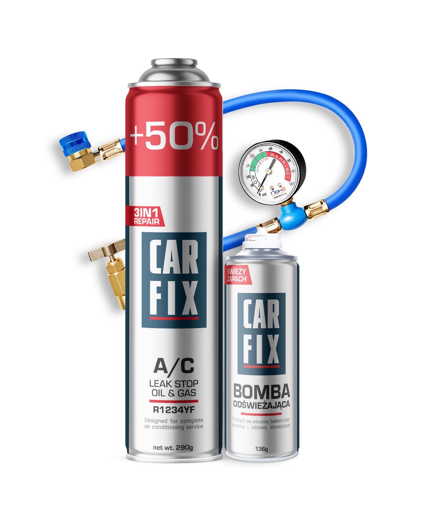 50plus_r1234YF_3in1_BO CarFix XXL 3w1 Gaz Do Nabijania Klimatyzacji R1234yf + Przewód YF + Bomba Odświeżająca - obrazek 1