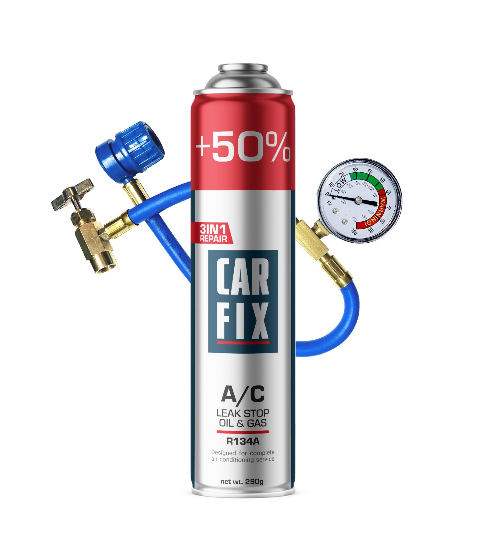 50plus_r134a_3in1_c CarFix XXL 3w1 Gaz Do Nabijania Klimatyzacji R134a + Przewód - obrazek 1